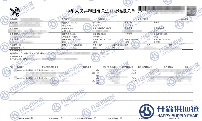 名爵牌运动型多用途汽车(SUV)报关单